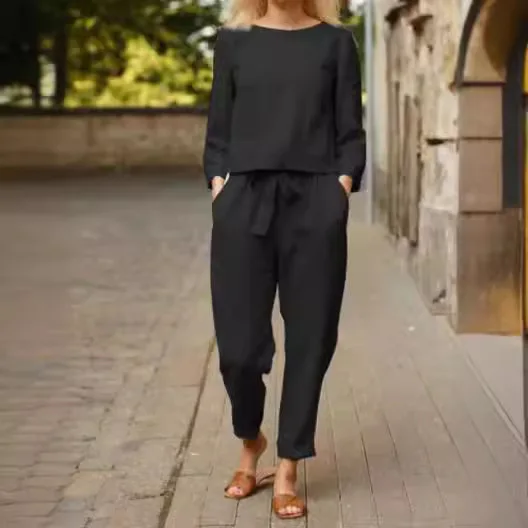 

Linen Long Sleeved Set For Women's Fashion, Solid Color, Casual Two-piece Set, 2024 Spring/summer Simple Retro Elastic Waistband