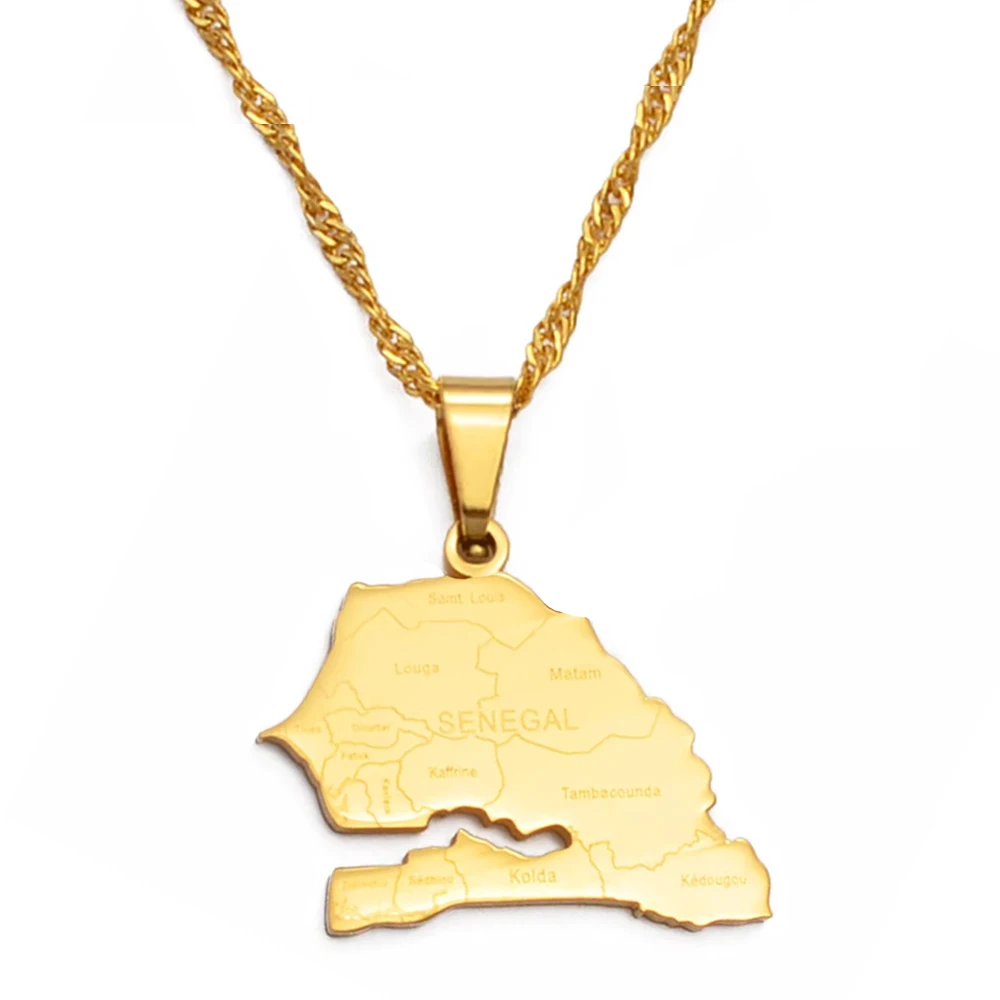 Anniyo Senegal Map With City Nam Charm Pendant Necklaces for Women Girl Gold Color Jewelry African Map of Senegalese #135821