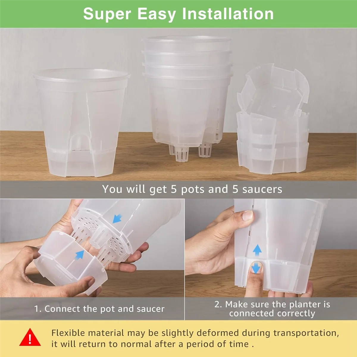 New 6 Inch Transparent Plastic Garden Pots Self Watering Planters, 5 Pack Plastic Nursery Plant Pots with Deep Reservior