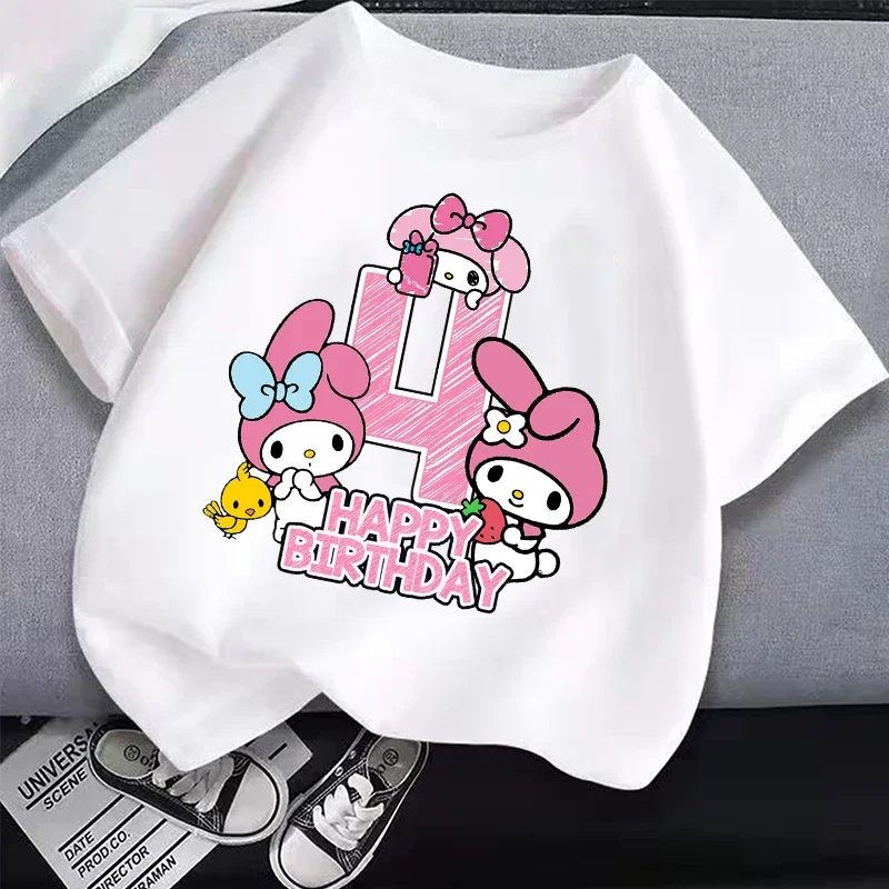 Sanrio Melody Children T-shirt Birthday Number 1-9 Casual Clothes Kawaii Boys Girls Pullover Cute Cartoon Warm Comfortable Tops