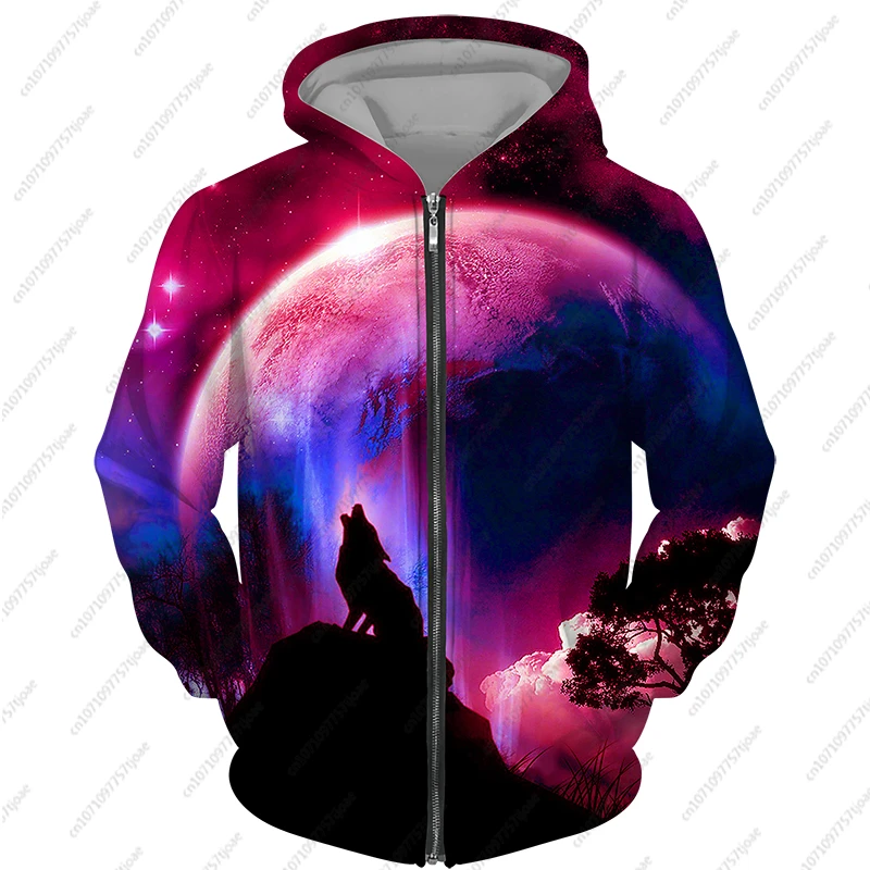 2024 New Men\'s Zipper Hoodie Wolf Fashion Jacket Animal 3D Print Pattern Sweatshirt Street Apparel Casual Clothes Men Clothing