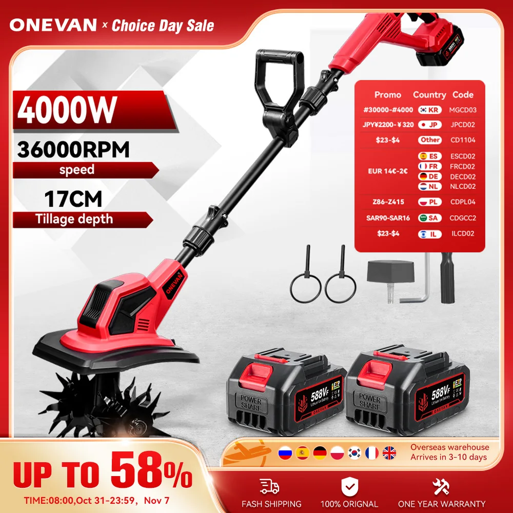 ONEVAN 36000 об/мин электрическая культиватор газонокосилка роторная машина для выращивания почвы садовый инструмент подходит для Makita 18 В аккумуляторный штифт