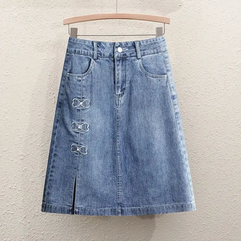 Dames denimrok met hoge taille, A-lijn, zijsplit, heuppakket, midi-jeanrokken, streetwear, lente, zomer, nieuw