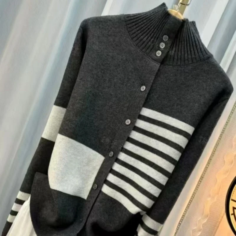 

Korean Fashion Striped Splicing Knitted Sweater Women Autumn New Single Breasted Womens Jacket Casual Turtleneck Cardigan