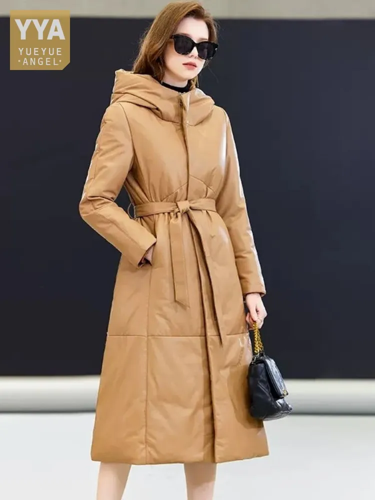 Wintet donna piumino in vera pelle con cappuccio addensare capispalla caldo cerniera sottile High Street Office Ladies giacca lunga in pelle di