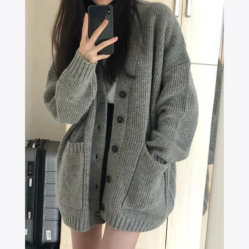 Rimocy Autumn Winter Gray Knitting Cardigan Women Korean Fashion Long Sleeve Loose Cardigan Coat Woman V Neck Button Up Sweaters