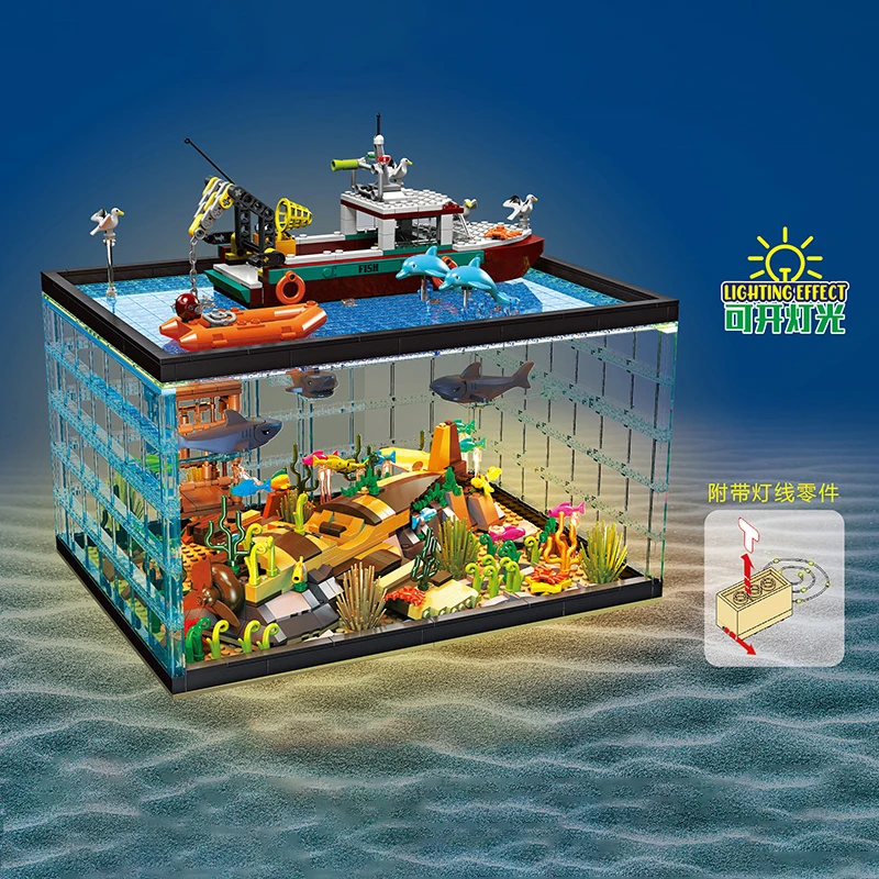 Exploration Underwater Scene Tank Building Blocks Seaman Sunken Ship Treasure Marine Organism Animal Aquarium Bricks Toys