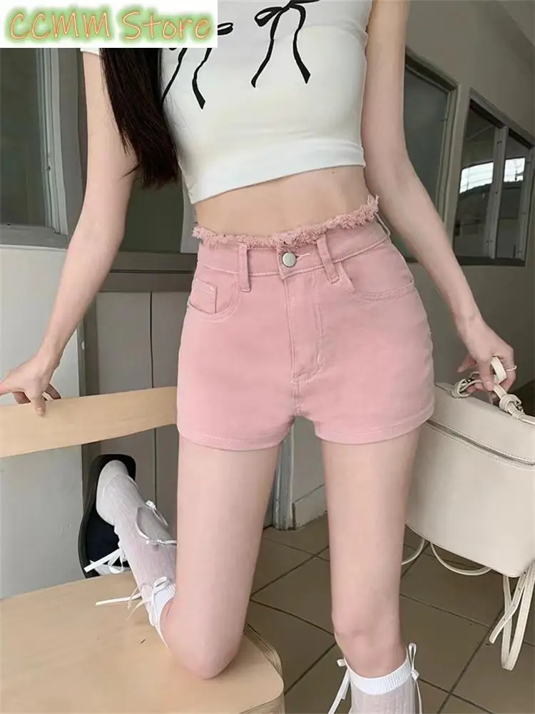 Women Bow Embroidery High Waist A-line Pink Denim Shorts Cool Girl Triangle Mini Trousers Female Wide Leg Summer Hot Pants