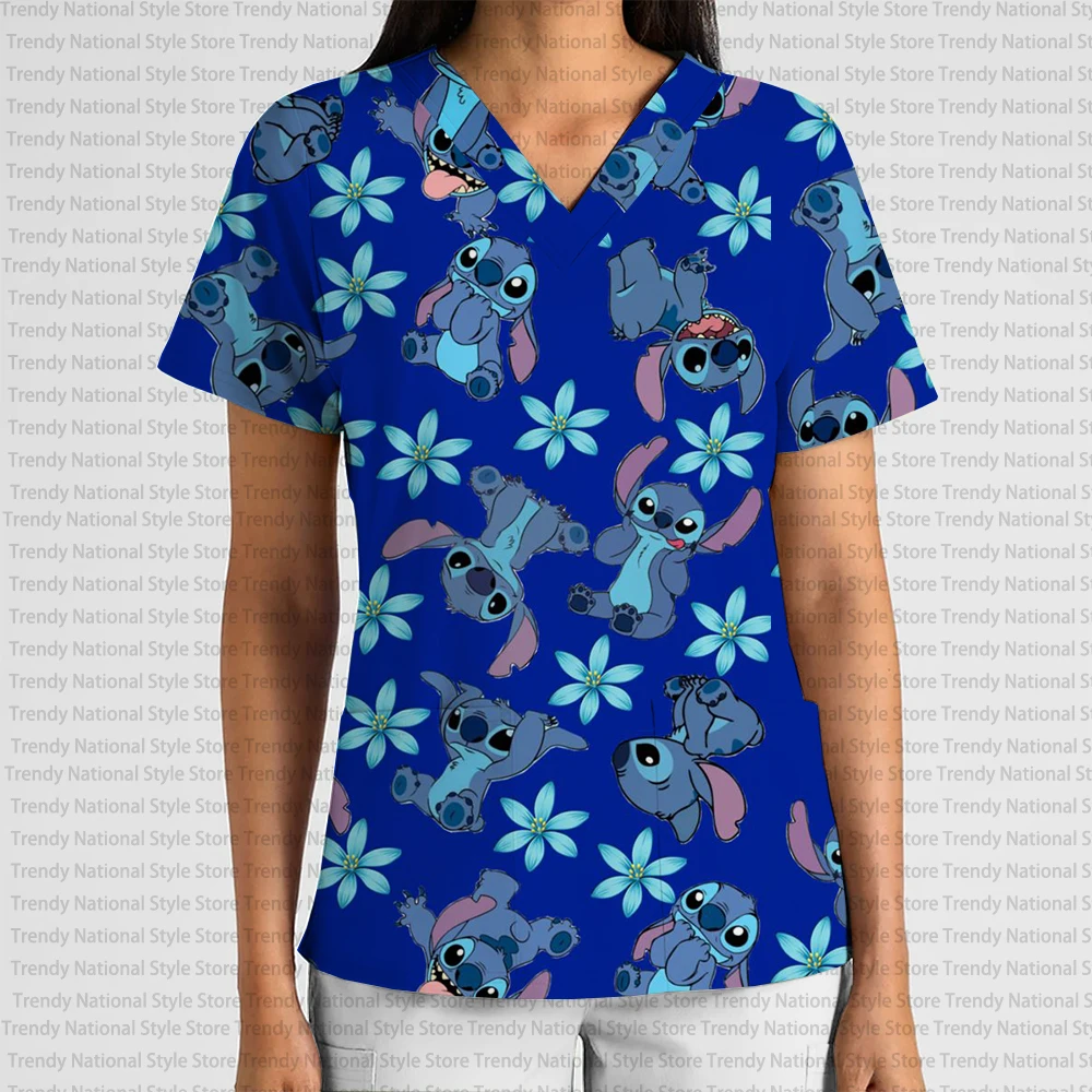 

Disney Stitch Print Pocket Frosted Top Summer New Women's Casual Commuter Clothing Dental Pet Shop Top Beauty Salon T-shirt