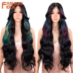 Loose Water Wave Synthetic Lace Front Wig para as Mulheres, Ombre Rainbow, Glueless Baby Hair, Cosplay Perucas, 34