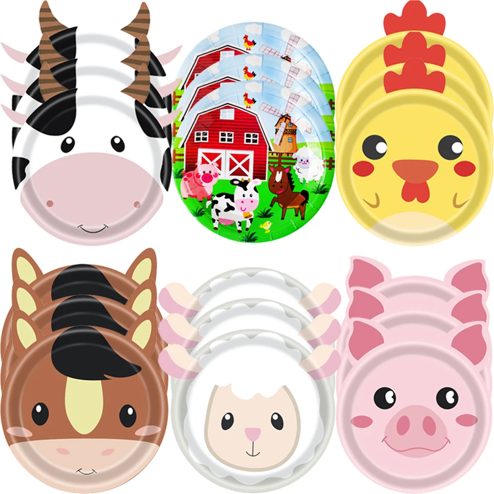 10/20/30pcs Farm Animals Party Paper Disposable Plates Cock Pig Cow Sheep Kids Birthday Decor Cartoon Animals Dinnerware Plates