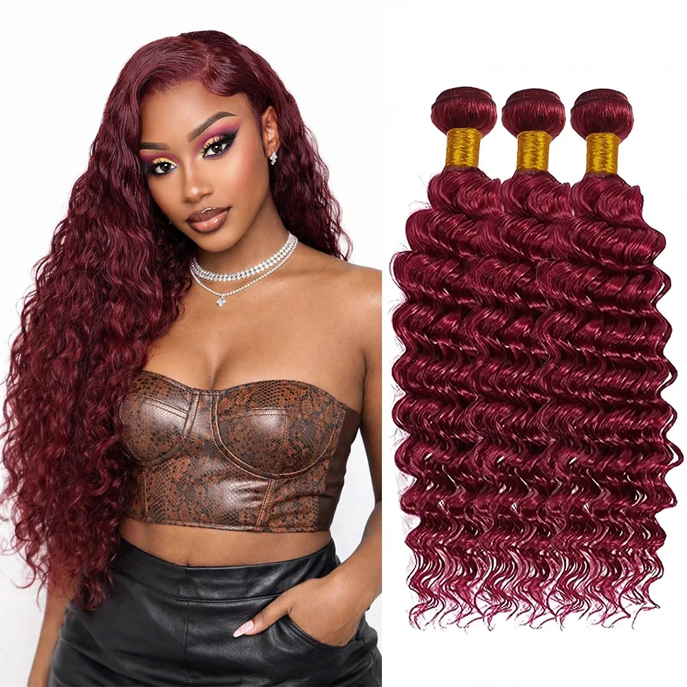 

#99J Deep Wave Human Hair 1/3/4 Pcs Brazilian Hair Weave Burgundy 100% Unprocessed Virgin Hair Extensions Wine Red Hair Bundle