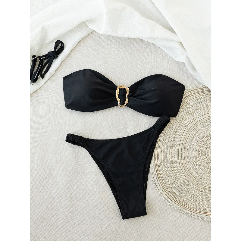 

New Soft Bag Solid Color Metal Decoration Adjustable Thin Shoulder Strap Beach Women's Elegant Sexy Bikini Set