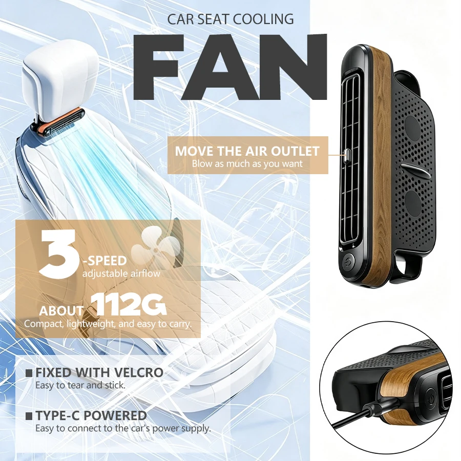 3-Gang-Autositzventilator, USB-betrieben, tragbar & leiser Luftstrom, passend für alle Automodelle, kleiner Autoventilator zur Kühlung des Rücksitzes im Fahrzeug