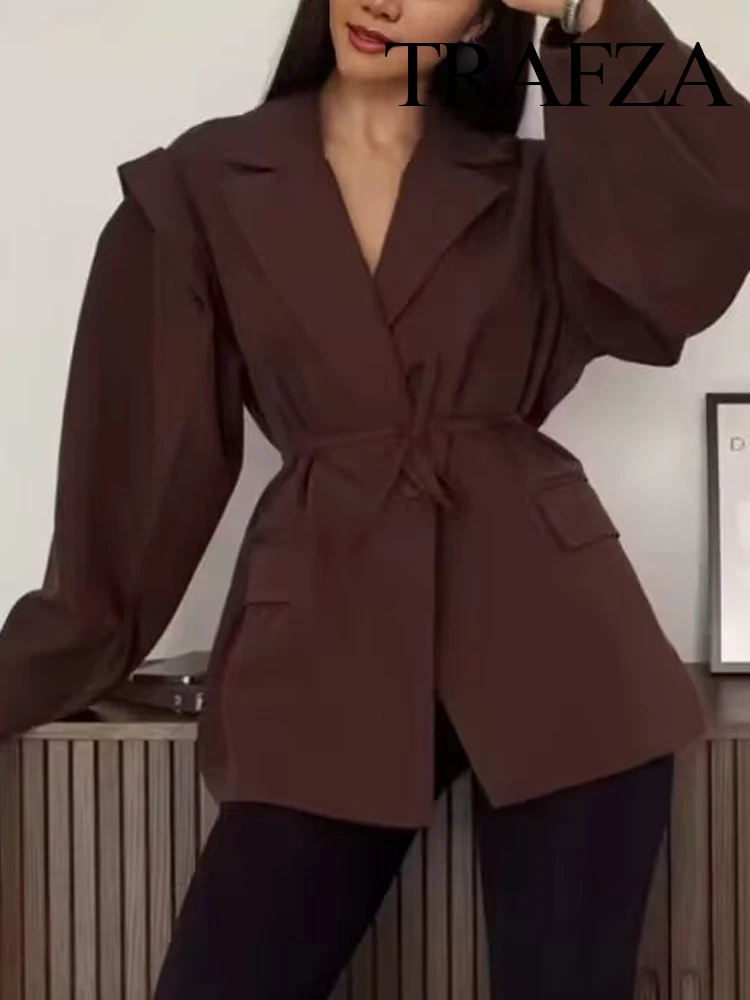 

TRAFZA Women Autumn Blazer Long Sleeves Lapel Wide Shoulder Design Casual Coats Woman Lace-up Single Buckle Loose Elegant Jacket