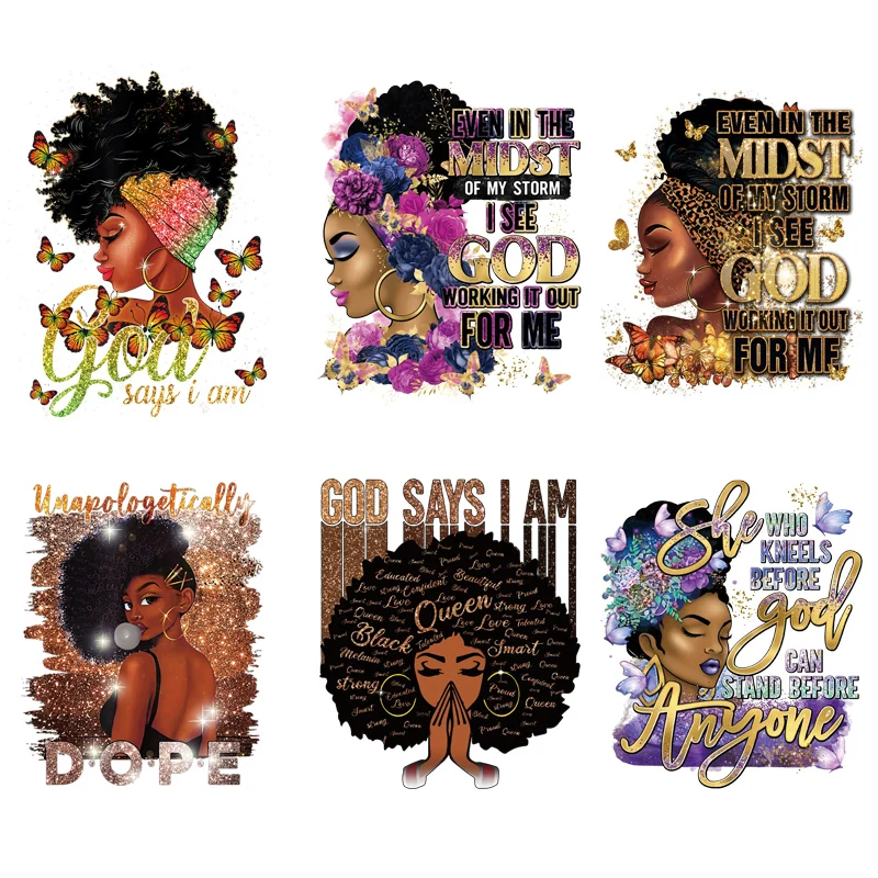 Afro Girl Iron On Patches Black Woman DIY T-Shirt Parches Ropa Heat Transfer Clothes Stickers Thermo Patch Diy Craft Supplies