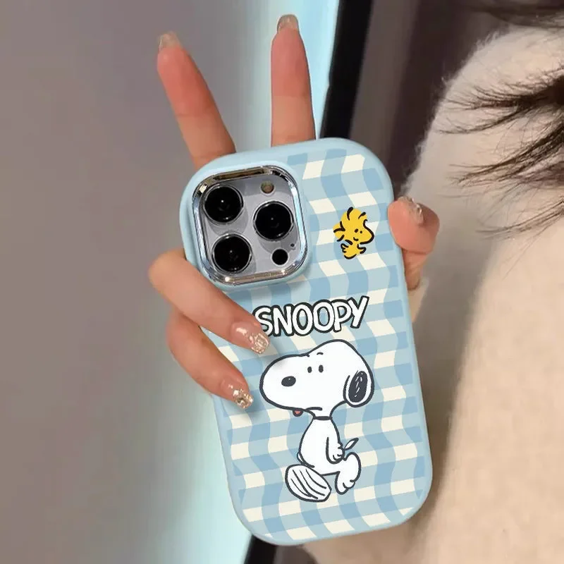 Blue Grid Fun Snoopy Cartoon Cute Phone Case For iPhone 16 15 14 13 12 11 Pro Max XR XS Max 7 8 Plus Y2K Cool Craetive Cover