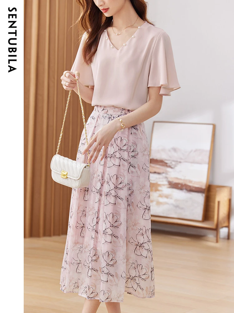 SENTUBILA Women's Summer Flower Print Skirt Clothes Set Elegant Chiffon Blouse Pleated A-Line Skirts New 2 Pieces Sets 132Z49792