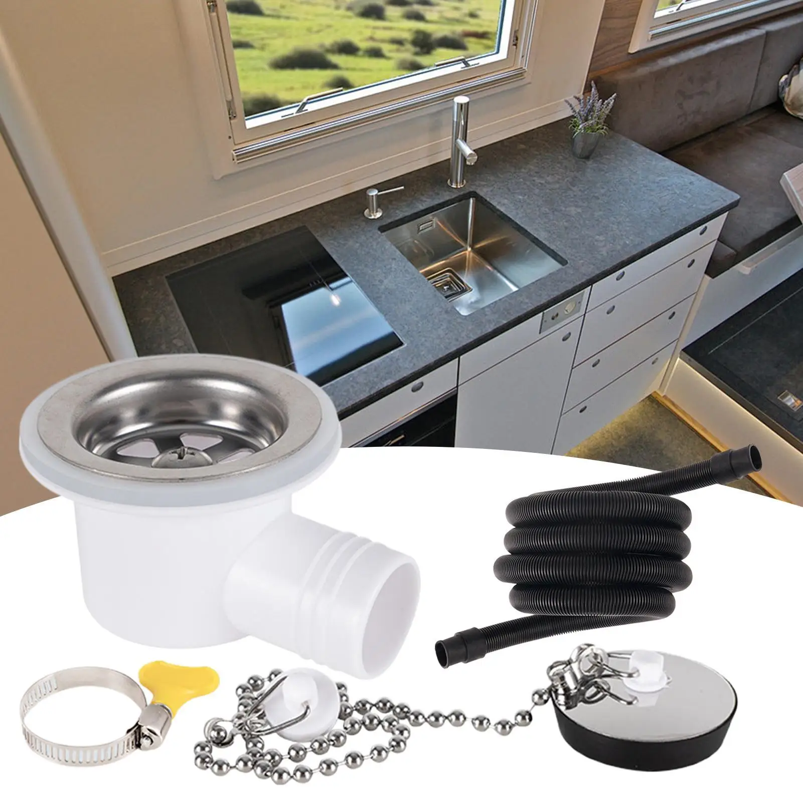 Marine Sink Drain Angle Fitting Leak-Proof Filter Drain Pipe Hose Plug Sewer Adapter With Tube For RV Boat Marine Repair