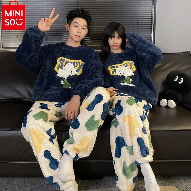 

Anime Snoopy Pajama Set Kawaii Lovers Autumn Winter Plush Round Neck Long-Sleeved Pajamas Warm Home Clothes Set Birthday Gift