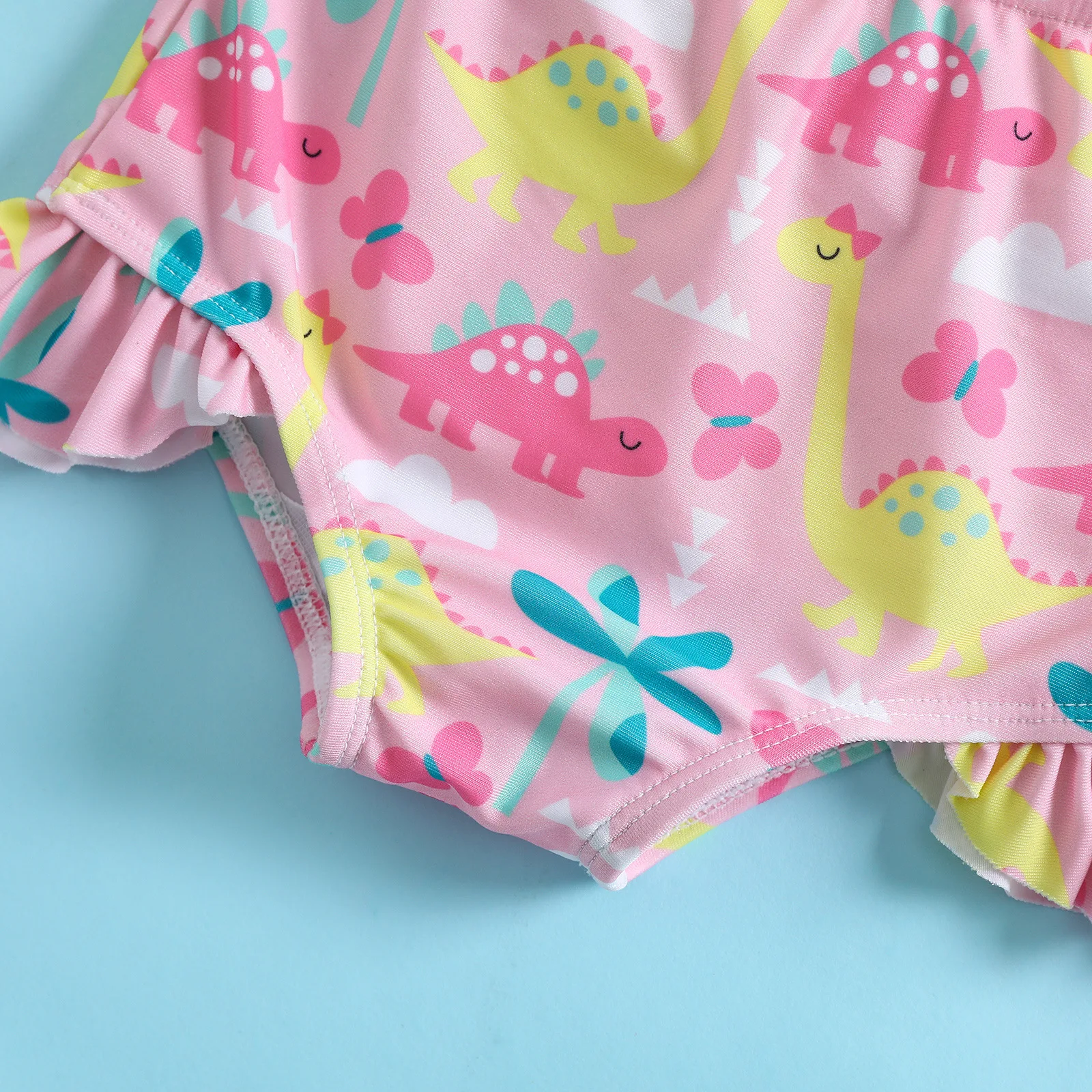 Traje de baño de dos piezas para niños y niñas, conjunto de Bikini rosa con estampado de dinosaurio de dibujos animados, ropa de playa