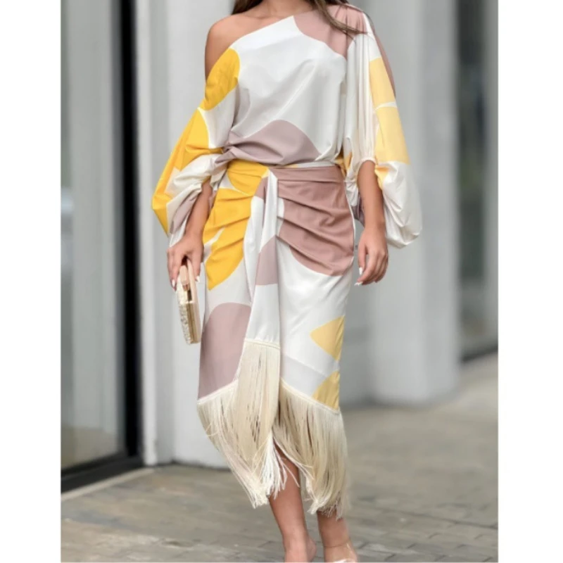 Tassel Y2k Top & Dress Sets Women Print Vest Matching Sets Summer Elegant Vintage Boho High Waist Loose Work Skirt Sets 2024