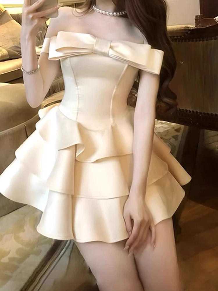 

Атласные платья для встречи выпускников с открытыми плечами, многослойное платье для дня рождения с бантом и шнуровкой сзади