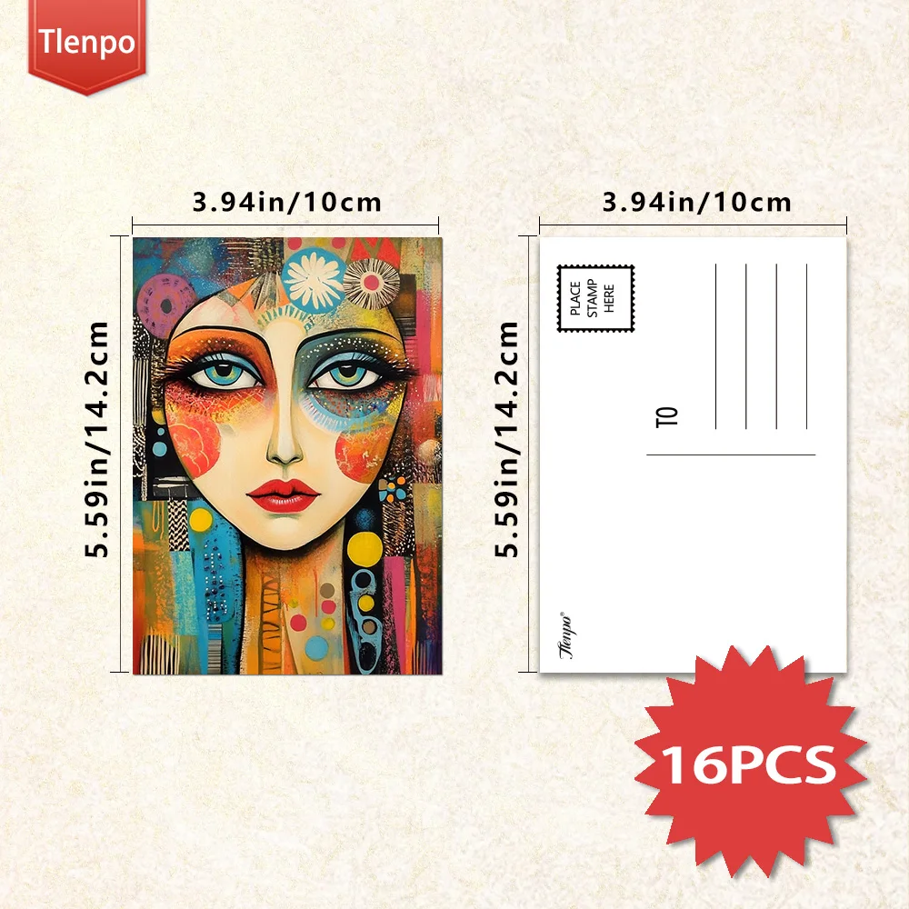 16pcs，Bohemian Abstract Face Postcards, Surreal Style, birthday/anniversary gifts, collectibles, suitable for gift-giving