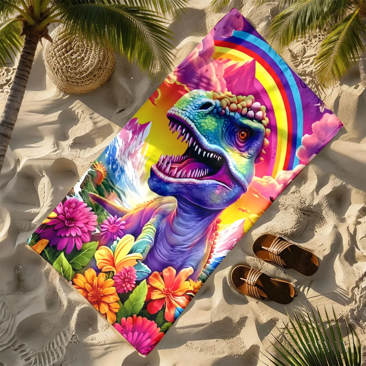 

Rainbow Dinosaur Watercolor Theme polyester microfiber beach towel is highly absorbent, suitable for swimming and beach outings