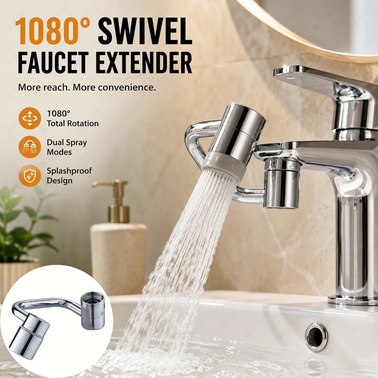 

Universal Faucet Extender with Adapter 1080 Degree Swivel Stainless Steel Splashproof Dual Spray for Bathroom Basin Sink