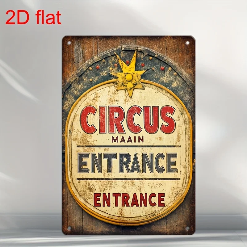 Vintage Circus Entrance Metal Sign -  Wall Decor with Chain Link Fence & Beach Scene Design, es, Durable Pre-Drilled for Easy Ha