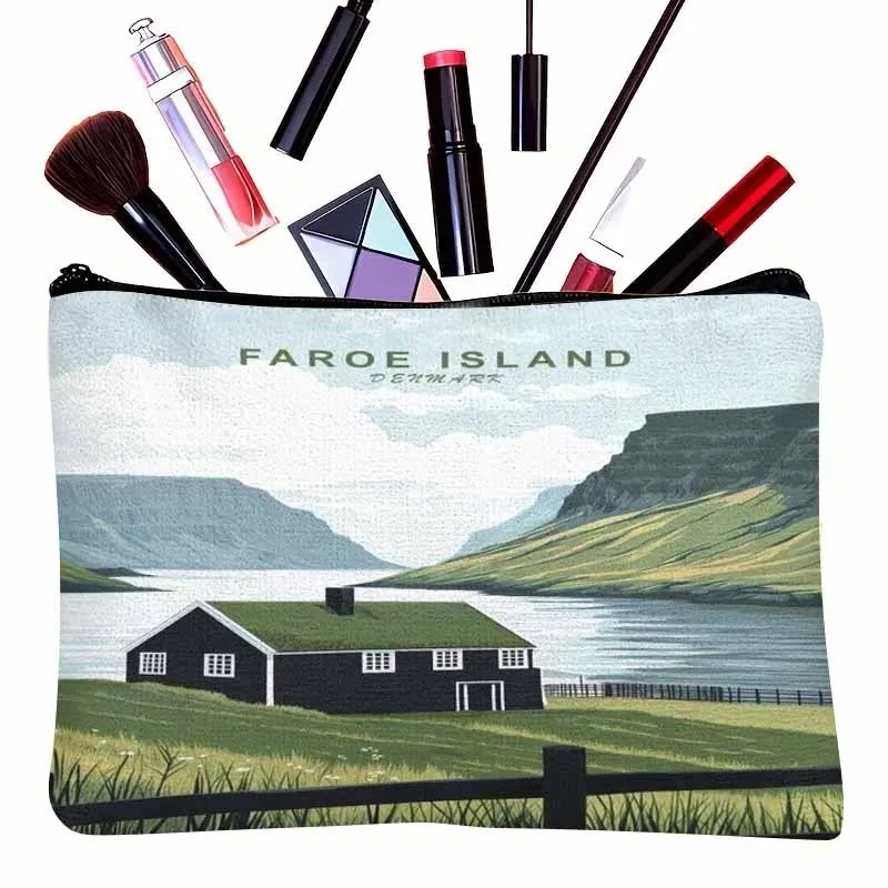 1 pièce représentant un paysage tranquille des îles Faroës : une petite maison noire en parfaite harmonie avec la beauté naturelle - Trousse à cosmétiques - Pochette multifonctionnelle à fermeture éclair pour femme, sac de rangement de voyage à fermeture éclair, cadeau d'anniversaire amusant