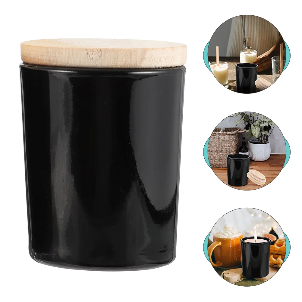 

1pc Black Glass Cup Fillable Container For Diy Aromatherapy Wax Making Jar Wood Lid Scented Tin Storage Crafts Holder