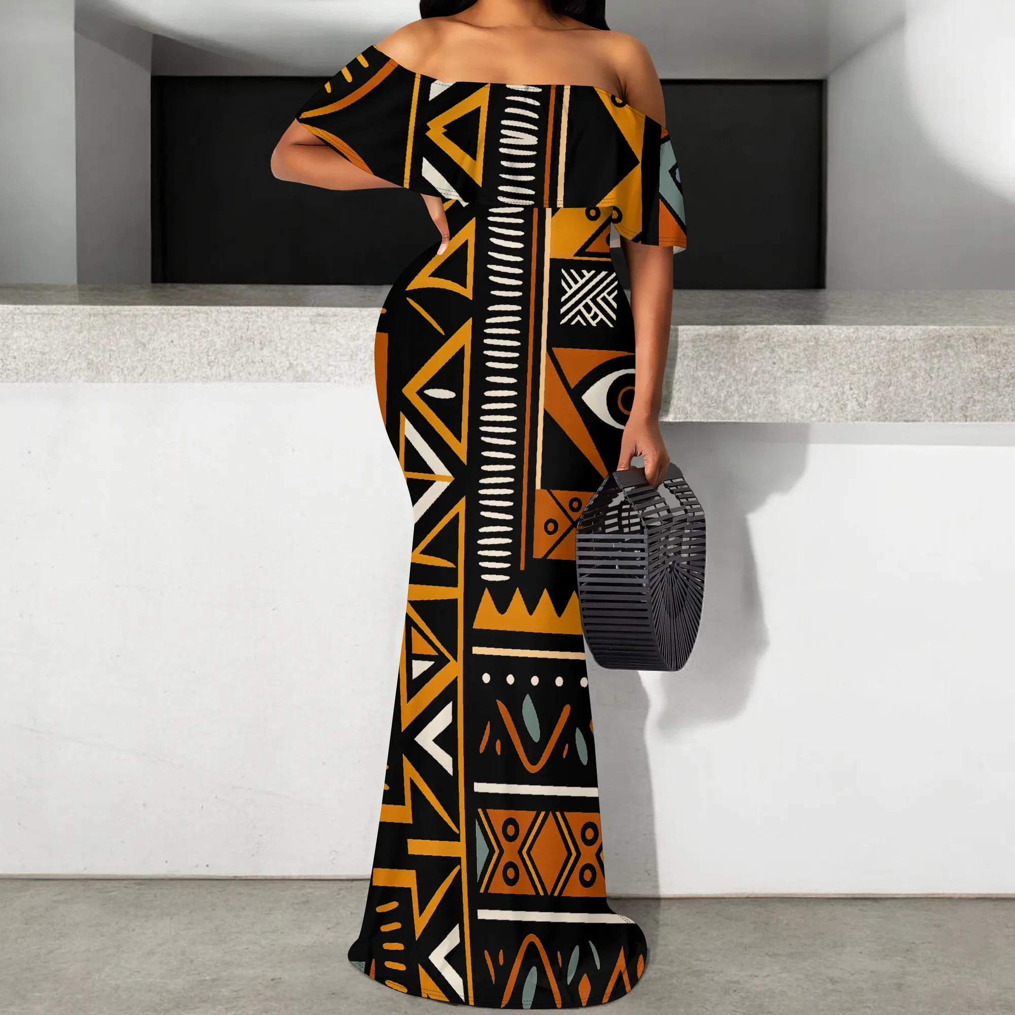 

Elegant Off Shoulder Mermaid Dress for Women Summer African Print Ruffle Sleeve Bodycon Maxi Gown Evening Party Robes S-3XL