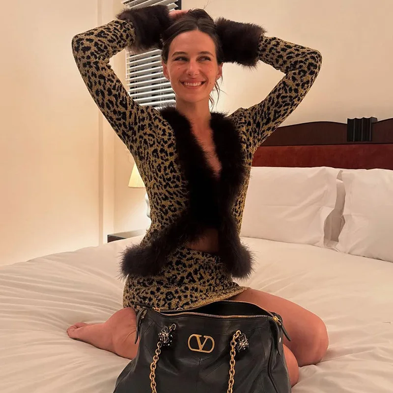 

Women Sexy Furry Patchwork Glitter Leopard Fashion 2 Piece Set Long Sleeve Cardigan Tops + Bodycon Mini Skirts Casual Streetwear