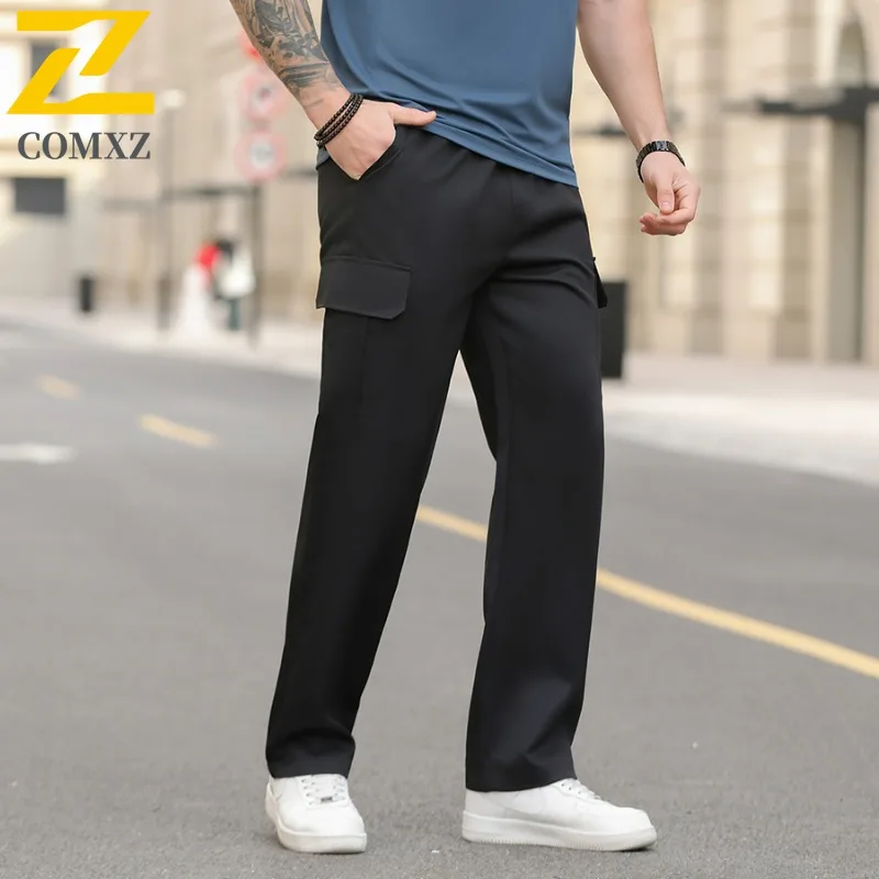 COMXZ Urban Fashion Pants Men Spring Autumn Casual Loose Large Pocket Cargo Pants Hiking Hunting Fishing Ice Silk Trousers Man