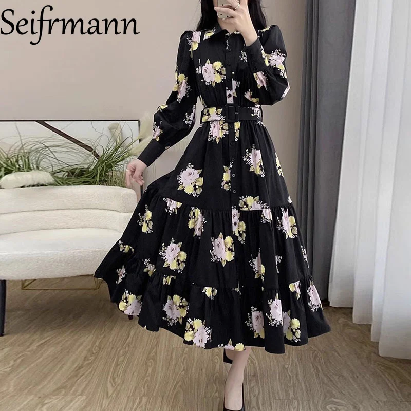Seifrmann 夏の女性のドレス長袖ファッションターンダウン襟シングルブレスト花柄カジュアルドレスベルト付き