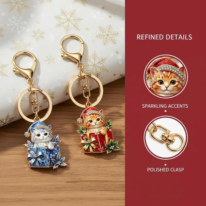 2-farbiger, modischer, süßer Weihnachtsgeschenkbox-Katzen-Schlüsselanhänger für Damen und Herren, Neujahrs-Schlüsselanhänger, Schmuckgeschenke – Detail 10