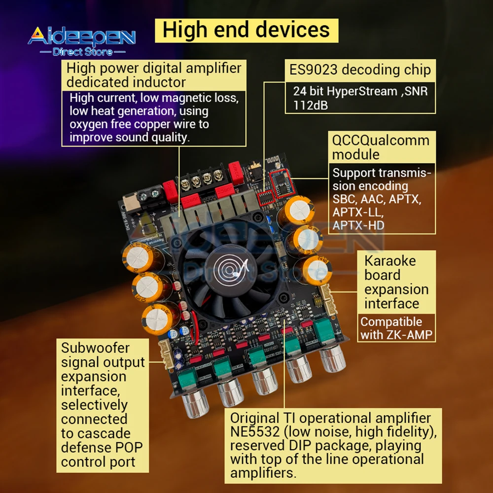 ZK-SUB1200Q بلوتوث مكبر للصوت مجلس 600WX2 المزدوج TPA3255 رقائق APTX-HD فك مضخم الصوت لأنظمة عالية الدقة 2.1 قناة