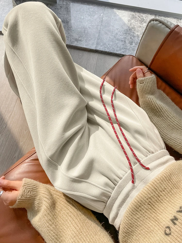 

High Waist Loose Straight Leg Casual Pants Women's Spring Autumn Khaki Dstring Sports Pants Small Size Wide Leg Pants