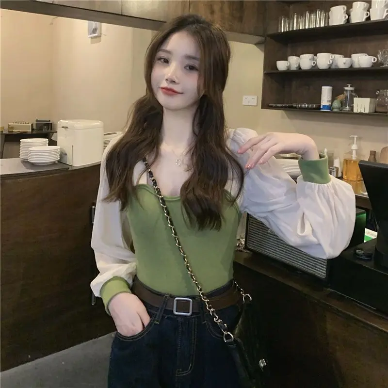 Ladies Fashion Patchwork Square Collar Lantern Sleeve Pullovers Autumn Elegant Knitting Pullover Bottoming Shirt Women Clothes