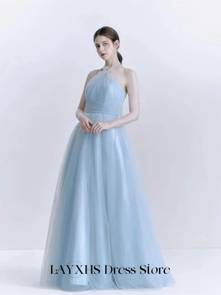 LAYXHS eleganckie suknie wieczorowe Korea Halter jasnoniebieski tiul linia A długość podłogi suknie ślubne dostosowana szata de mariée
