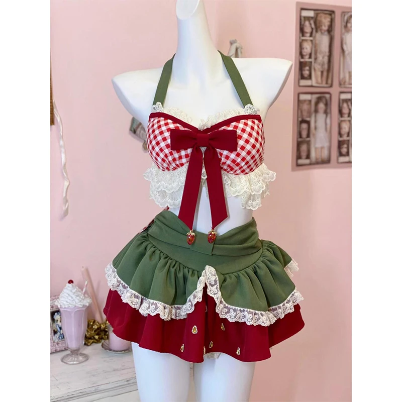 

MEXZT Y2K 2 Pieces Set Woman Outfit Kawaii Bow Plaid Lace Halter Tops Gyaru Ruffles Mini Skirt Summer Japanese Design Clothes