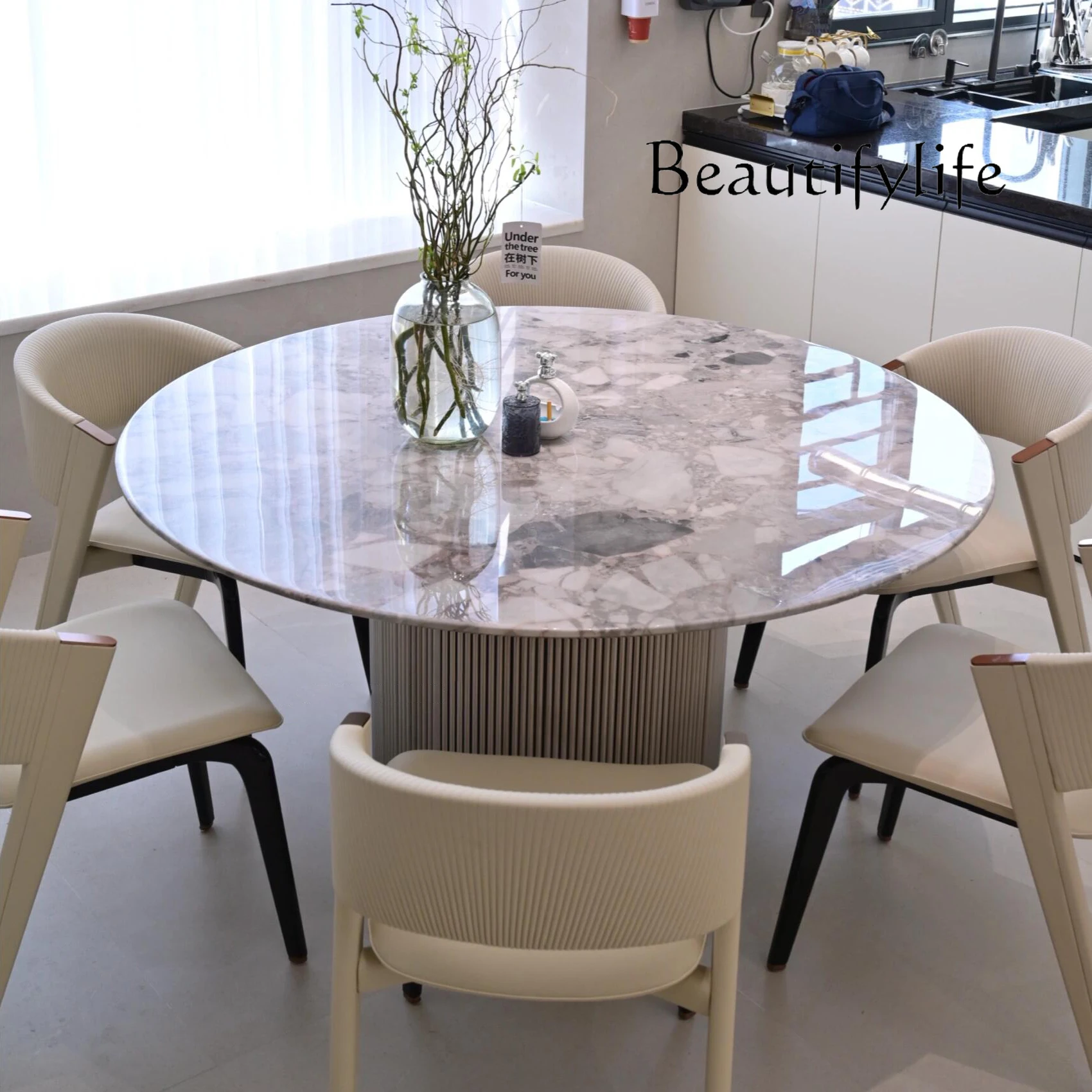 Natural Oreo gray marble dining table high-end villa large flat luxury stone round dining table