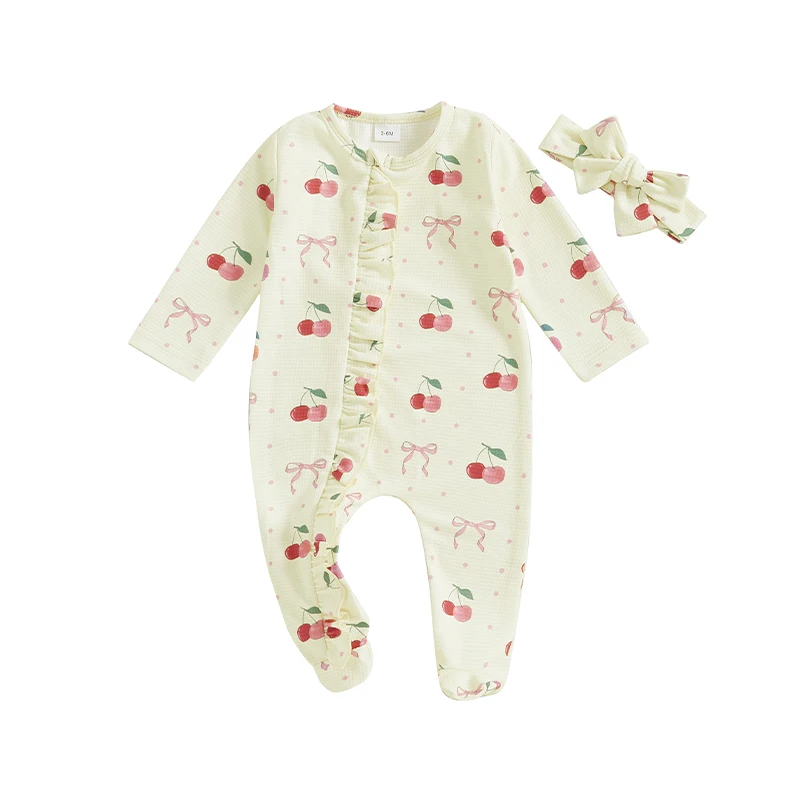 Baby Girls Footie Romper Cherry Print Zipper Long Sleeve Jumpsuits and Cute Headband Set for Toddler 2 Piece Outfits