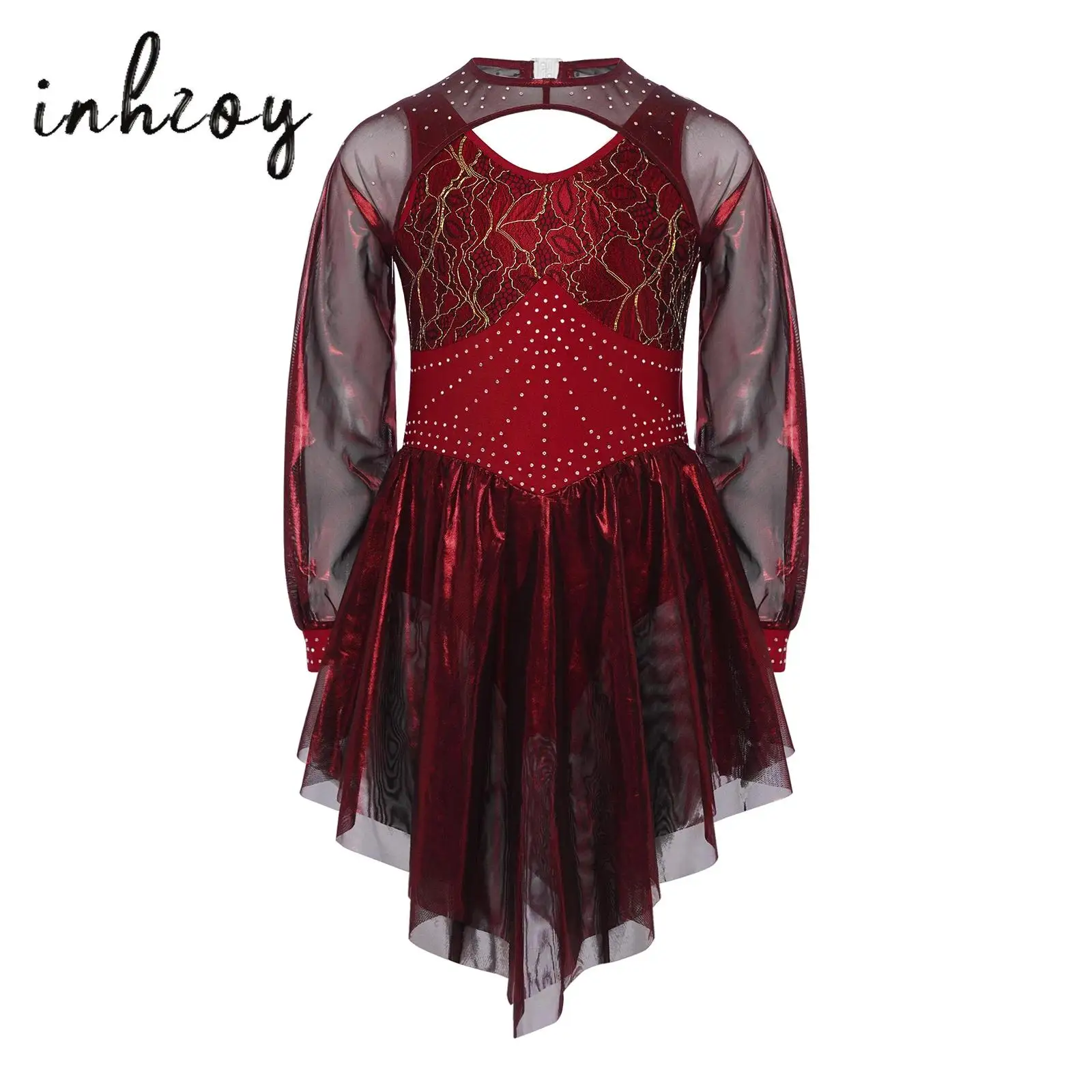 

Girls Lyrical Dance Costume Lace Rhinestones Bodice Long Sleeves Cutout Irregular Hem Modern Dance Dress with Built-in Briefs