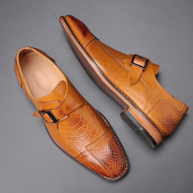 ผู้ชายธุรกิจรองเท้าสบายๆ Snakeskin GRAIN หนัง Mens BUCKLE Square Toe Office Flats ผู้ชายแฟชั่นงานแต่งงาน Oxfords