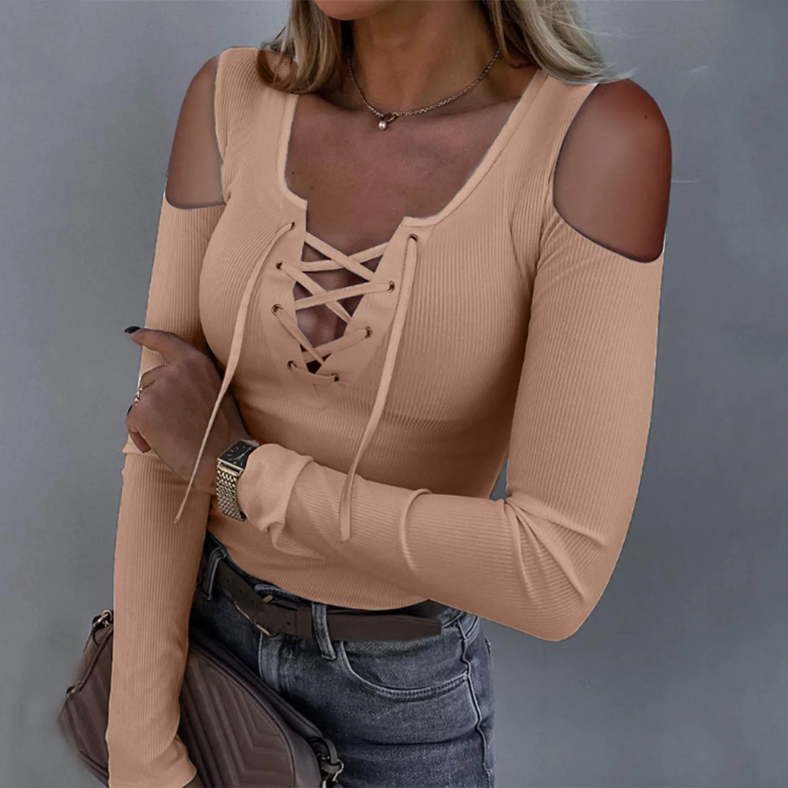 Women Fashion Knit Blouse Sexy Cross Bandage Off Shoulder Long Sleeve Low-cut Top Elegant Female V Neck Slim Shirts Hollow Blusa