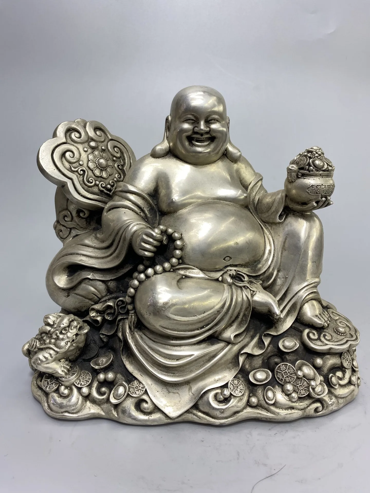 

9"Tibetan Temple Collection Old Bronze Gilded Silver Ruyi Maitreya Sitting Buddha Yuanbao Coin Treasure Pot Worship Hall