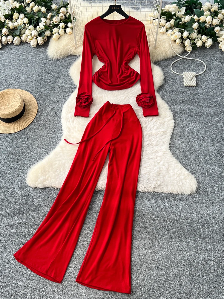 

Fashionable High Waist Wide Leg Pants Long Sleeve Floral Print Two Piece Set for Women Elegant Autumn Workwear Commute Style